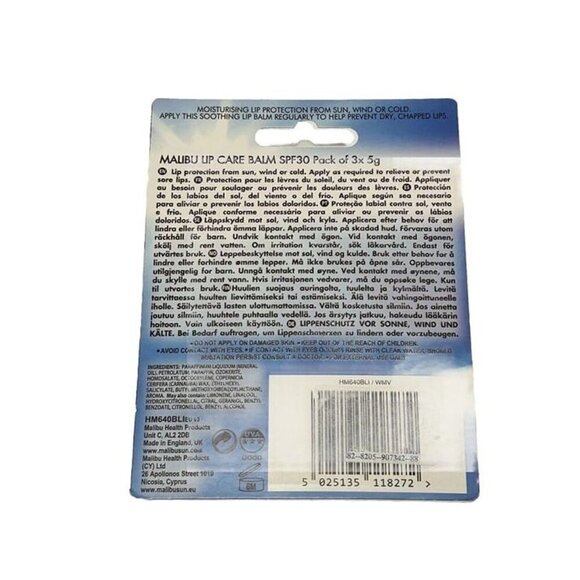 Malibu Lip Care Balm 3 Pack SPF30 Watermelon Mint Vanilla Vegan Water Proof - Picture 2 of 4